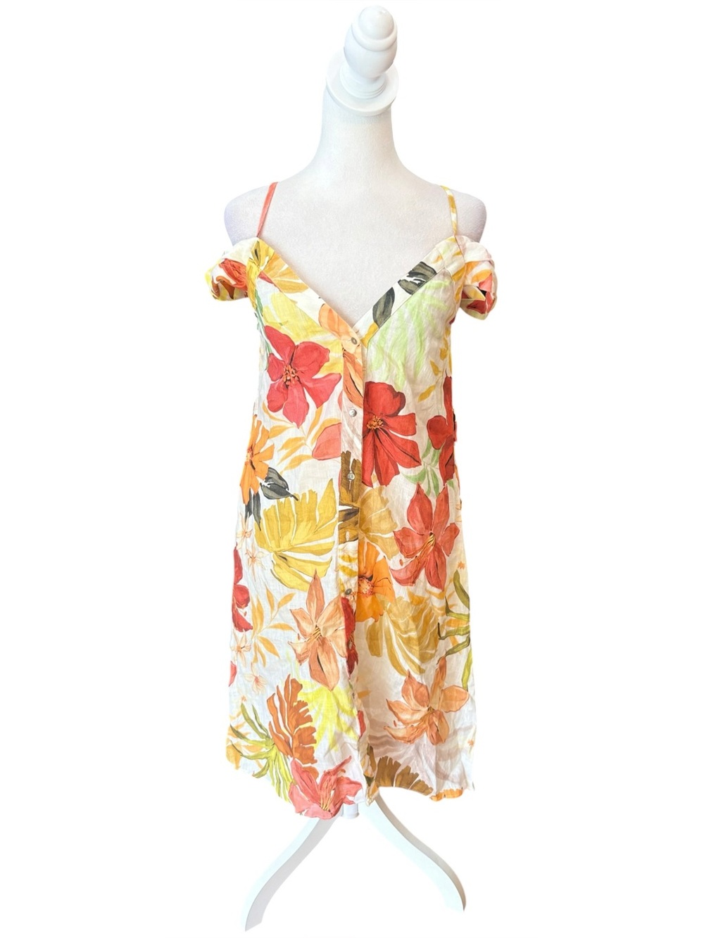 Zara Floral Linen Dress Button Front Womens Size Small